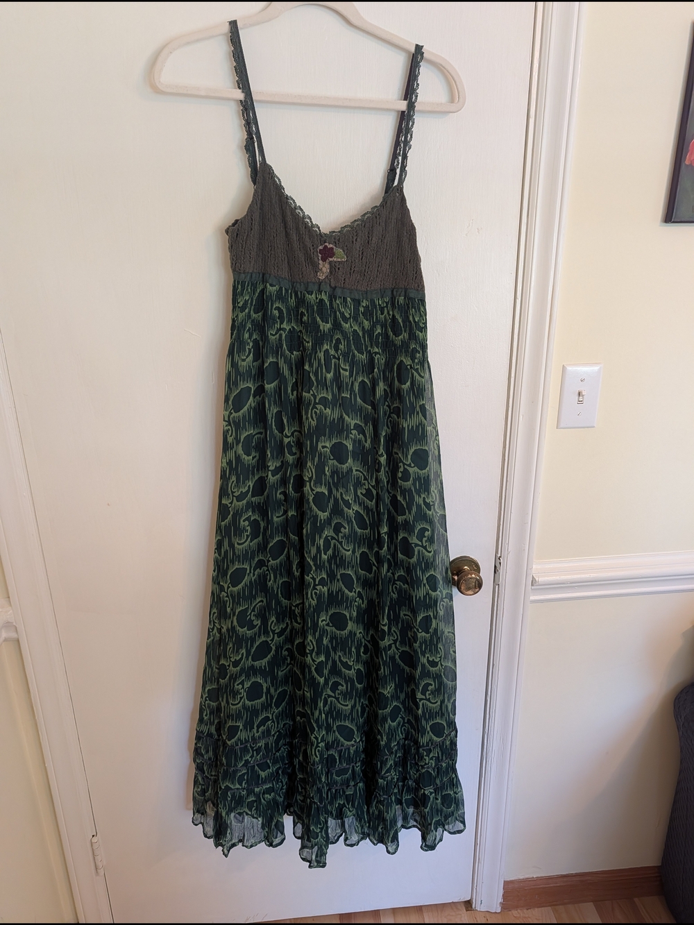 Free People Green Patterned Maxi Dress with Brown Smocked Bodice